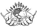 Earth in hands in sketch style. Two palms hold the globe. Save the planet concept. Environment concept. Vintage hand