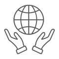 Earth in hands thin line icon, ecology and globe, planet in arms sign, vector graphics, a linear pattern on a white Royalty Free Stock Photo