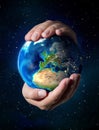 Earth in the hands - Universe background - Europe