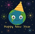 Earth happy new year funny cute holidays illustration with stars and fireworks