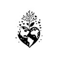 Earth heartIcon hand draw black colour world kindness day logo symbol perfect