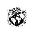 Earth heartIcon hand draw black colour world kindness day logo symbol perfect