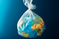 Earth held captive in a plastic bag, symbolizing human made pollution