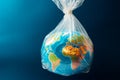 Earth held captive in a plastic bag, symbolizing human made pollution