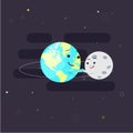 Earth holding hand with moon for play around orbit circle. character design. orbit study for kid - illustration