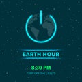 Earth hour concept with neon lights. Flat Earth planet in Space. Earth globe with on/off light switch icon or power button.