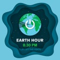 Earth hour. Flat Earth planet in Space. Starry sky background with 3d effect. Earth globe with on/off light switch icon.