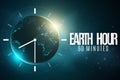 Earth Hour. Futuristic planet Earth. 60 minutes without electricity. 3D paper letters. Sunrise. Global holiday. Clock go. Abstract