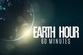 Earth Hour. Futuristic planet Earth. 60 minutes without electricity. 3D paper letters. Sunrise. Global holiday. Clock go. Abstract