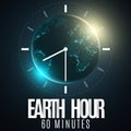 Earth Hour. Futuristic planet Earth. 60 minutes without electricity. 3D paper letters. Sunrise. Global holiday. Clock go. Abstract