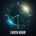 Earth Hour. Futuristic planet earth. 60 minutes without electricity. Sunrise. Global holiday. Abstract world map. Vector illustrat