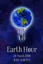 Earth hour hand drawn watercolor illustration - globe in bulb in outer space