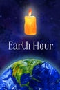 Earth hour hand drawn watercolor illustration - half globe and candle in outer space Royalty Free Stock Photo