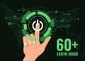 60 Earth Hour - hand Touch switch Turn off sign with digital technology futuristic style on dark background vector design