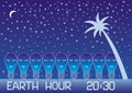 Earth Hour. Many lamps, drawn by a white contour, sleep against the starry sky, moon and palm tree. Text: Earth Hour 20:30.