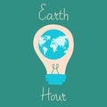 Earth hour on March 28, 2021. Save our planet. Lightbulb and Earth Hour inscription. Planet Day. Flat design vector illustration.