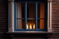 Earth Hour moment. Glow of candle-lit window in a residential neighborhood, symbolizing a collective commitment to