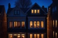 Earth Hour moment. Glow of candle-lit windows in a residential neighborhood, symbolizing a collective commitment to