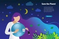 Earth hour, turn off light to save energy. Woman unplug green globe in arm for relaxing. World environment day, earth day and care