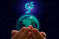 Earth in human hands with rising symbol 5G