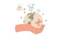 Earth hurt in human hand. Sick planet protect. Climate change and ecological problems. World environment day. Vector illustration