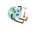 Earth hurt retro mascot with hot temperature. Sick planet cartoon character for holiday banner isolated on white background.