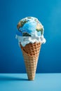 Earth ice cream in waffle cone. Ice cream world is melting, climate change and ecology, summer and travel concept, minimal idea Royalty Free Stock Photo