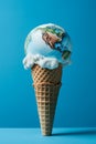 Earth ice cream in waffle cone. Ice cream world is melting, climate change and ecology, summer and travel concept, minimal idea Royalty Free Stock Photo