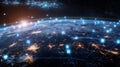 Earth Illuminated by City Lights Seen From Space. Lines connect city Internet communications.
