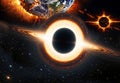 earth and imploding black sun in proximity to a glowing black hole Royalty Free Stock Photo