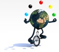 Earth juggle with arms and legs rides a unicycle