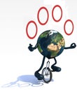 Earth juggle with arms and legs rides a unicycle