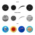 Earth, Jupiter, the Sun of the Planet of the Solar System. Asteroid, meteorite. Planets set collection icons in black Royalty Free Stock Photo