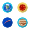 Earth, Jupiter, the Sun of the Planet of the Solar System. Asteroid, meteorite. Planets set collection icons in flat Royalty Free Stock Photo