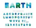 Earth landscape modern font. Blue and green ABC letters and numbers isolated on white. Creative alphabet for environment, ecology