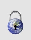 Earth in lock shape. Illustration of Covid-19 pandemic world lockdown for quarantine.
