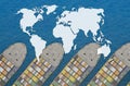 Earth map mockup on group container ship top view with copy space Royalty Free Stock Photo