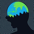 Earth melting down inside the screaming human head profile, framed with lines. Vector illustration