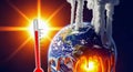 Earth with melting features and thermometer indicating rising temperatures in a dramatic climate change illustration Royalty Free Stock Photo