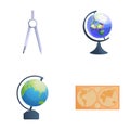 Earth model icons set cartoon vector. World map globe and drawing compass Royalty Free Stock Photo