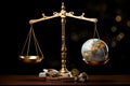 Earth and money counterbalanced on a dual pan scale, representing economic harmony Royalty Free Stock Photo