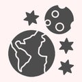Earth And Moon Glyph Icon. Planet With Satellite And Stars Around. Astronomy Vector Design Concept, Solid Style