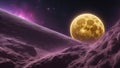 earth and moon A golden yellow moon with a sparkling surface and stars. The moon is orbiting a purple and pink planet Royalty Free Stock Photo