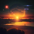 Earth and moon on sunset ,  night alien planet space starry sky flares cosmic fantastic background Royalty Free Stock Photo