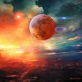 Earth and moon on sunset ,  night alien planet space starry sky flares cosmic fantastic background Royalty Free Stock Photo