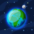 Earth With Moon Vector Cartoon And Flat Illustration. Green And Blue Earth Planet With Grey Moon In Starry Space With