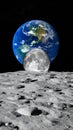 Earth and Moon viewed from lunar surface against a starry sky background Royalty Free Stock Photo
