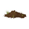 Earth mound. Ground with tuffet and branches with leaves. Illustration of landscape, nature, soil, farming. Colored flat icon,