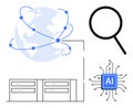 Global Connectivity and AI-Powered Data Processing with Network Servers and Magnifying Glass Royalty Free Stock Photo