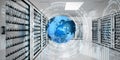 Earth network flying over server room data center 3D rendering Royalty Free Stock Photo